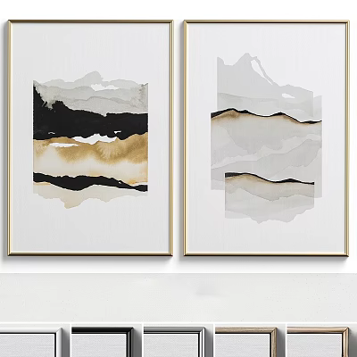 Modern Abstract Paintings Two Panel Wall Art With Black White Gold Tones 3d model