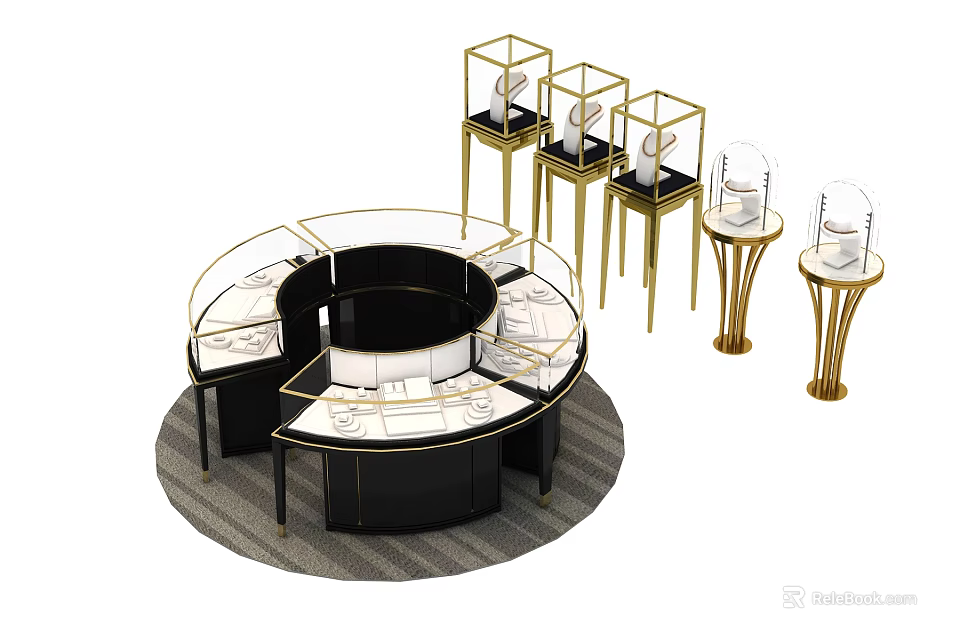 Circular Black Display Shelves With Gold Frame And Transparent Showcase Stands 3d model 