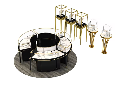Circular Black Display Shelves With Gold Frame And Transparent Showcase Stands 3d model
