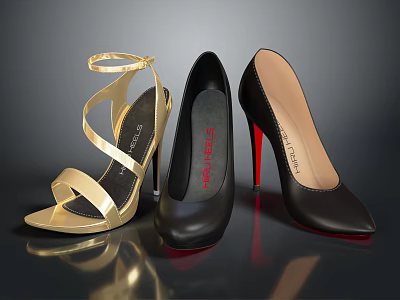 Stylish High Heel Shoes Collection Featuring Gold Sandals Black Pointed Toe And Red Heel Design 3d model