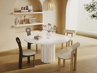 Round White Dining Table with Pedestal Base and Mixed Tone Chairs Decorative Shelves Natural Light 3d model