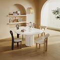 Round White Dining Table with Pedestal Base and Mixed Tone Chairs Decorative Shelves Natural Light