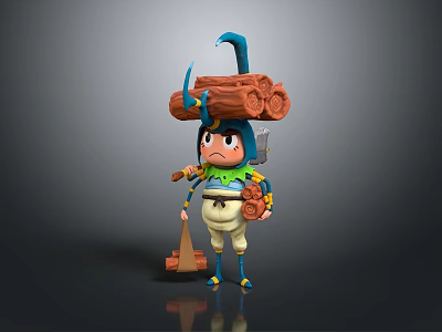 Game Movie Cartoon Character With Blue Hat Long Horn Carrying Logs And Axe 3d model