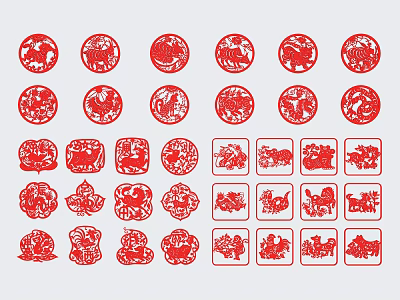 Red Paper Cutting Wall Decor With Circular And Square Animal Floral Patterns 3d model