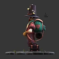 Character In Traditional Robe With Tall Hat Backpack Standing On Stone Pavement Near Small Chest