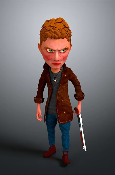 Man With Red Hair Wearing Brown Coat Dark Shirt Blue Jeans Red Shoes Holding Gun 3d model