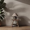 Minimalist Wooden Side Table With Table Lamp And Rattan Planter Plant In Interior