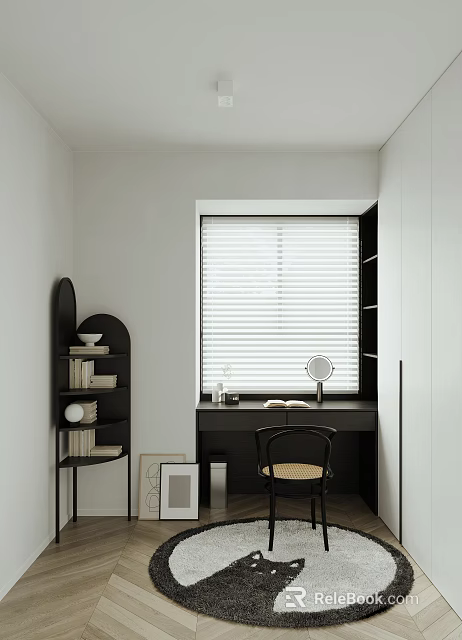 Minimalist Study Room Interior With Black Bookshelf Desk And Blinds 3d model