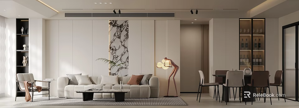 Modern Living and Dining Area Interior With Neutral Tones Sofa Floor Lamp And Marble Accent 3d model 