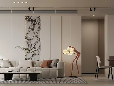 Modern Living and Dining Area Interior With Neutral Tones Sofa Floor Lamp And Marble Accent 3d model