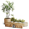 Outdoor Table Surrounded by Trees Green Plants and Wooden Stools in Natural Setting