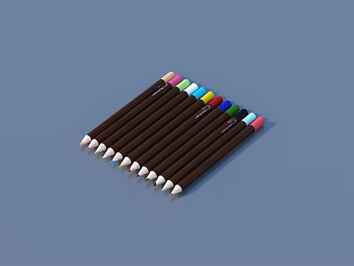 Neatly Arranged Colored Pencils With Various Color Tips On Blue Background 3d model