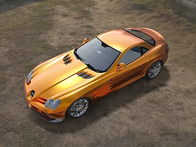 Shiny Golden Sports Car With Sleek Aerodynamic Design On Dirt Ground 3d model
