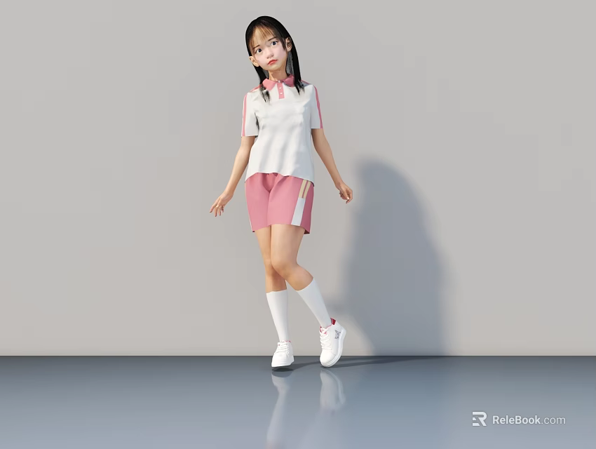 Young Woman in White Top and Pink Shorts Standing on Reflective Floor with Gray Background 3d model 