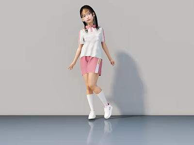 Young Woman in White Top and Pink Shorts Standing on Reflective Floor with Gray Background 3d model