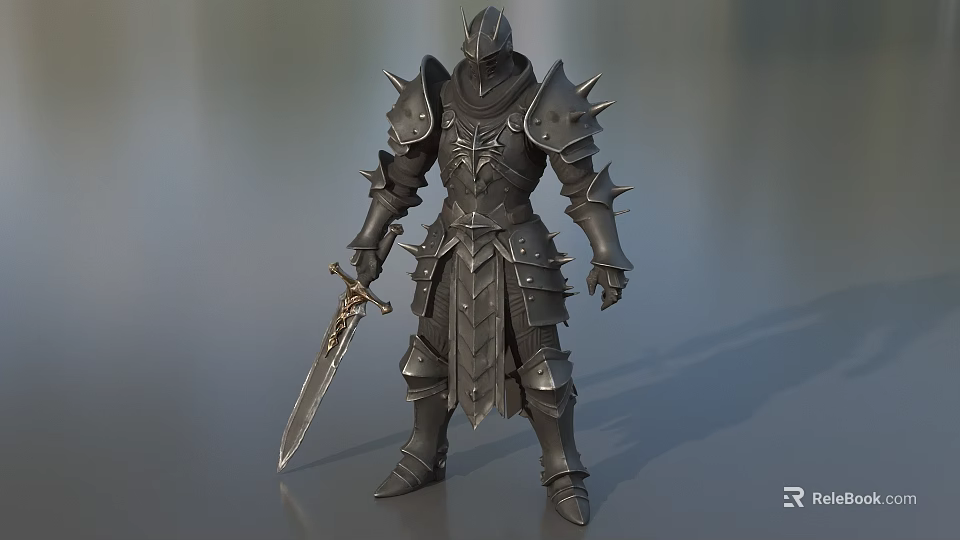 Game Movie Character In Spiked Dark Armor Holding Decorative Sword Medieval Fantasy Style 3d model 