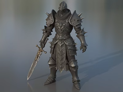 Game Movie Character In Spiked Dark Armor Holding Decorative Sword Medieval Fantasy Style 3d model