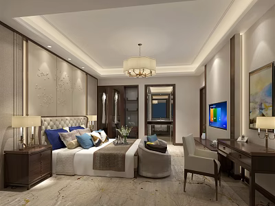 Luxury Hotel Guest Room Interior With King Bed TV Desk Chair And Chandelier 3d model