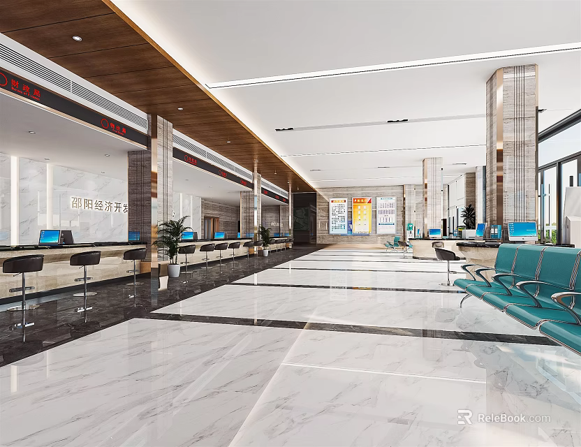 Spacious Modern Service Hall Interior With Marble Floor Counters Seating Areas And Computers 3d model