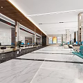Spacious Modern Service Hall Interior With Marble Floor Counters Seating Areas And Computers 3d model