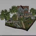 Two Story House With Red Roof Green Windows Lush Garden Trees Pathway And Small Bridge