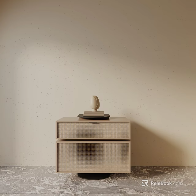 Modern Minimalist Bedside Table With Decorative Sculpture And Stacked Books Wooden Frame And Woven Drawers 3d model 