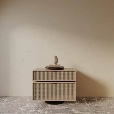 Modern Minimalist Bedside Table With Decorative Sculpture And Stacked Books Wooden Frame And Woven Drawers 3d model