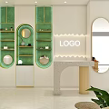 Modern Boutique Store With Green Shelves Gold Frames Circular Mirrors White Walls And Marble Counter