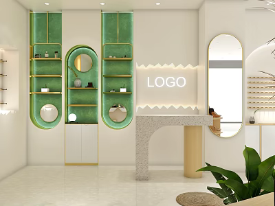 Modern Boutique Store With Green Shelves Gold Frames Circular Mirrors White Walls And Marble Counter 3d model