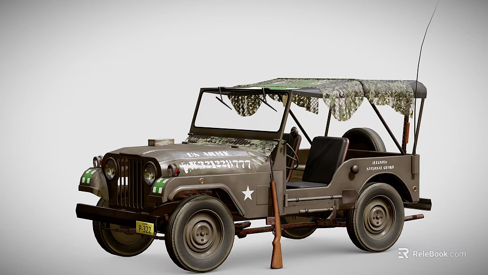 Vintage Military Green Utility Vehicle With Open Top Camouflage Canvas And White Star Emblem 3d model 