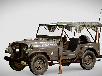 Vintage Military Green Utility Vehicle With Open Top Camouflage Canvas And White Star Emblem 3d model