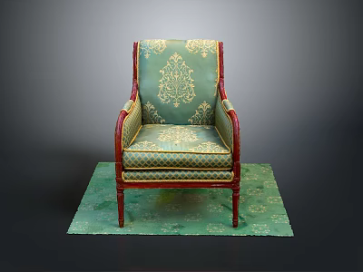 Elegant Green Armchair with Gold Patterns Red Arms and Legs on Green Rug 3d model