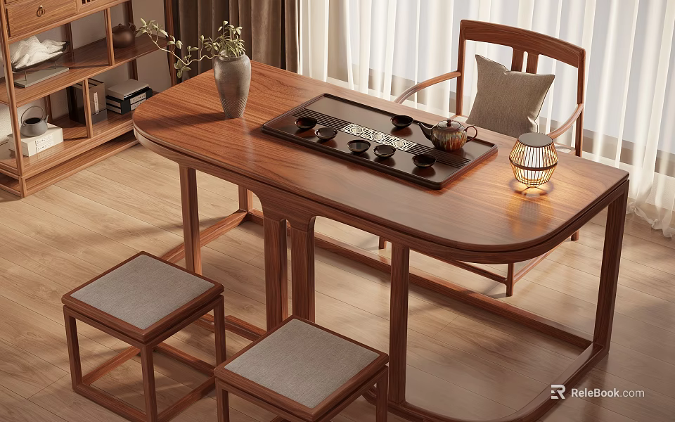 Traditional Chinese Style Wooden Tea Table And Chairs With Stools Tea Set Tray And Vase 3d model 