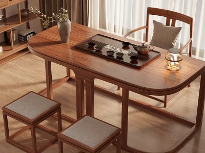 Traditional Chinese Style Wooden Tea Table And Chairs With Stools Tea Set Tray And Vase 3d model