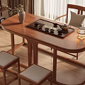 Traditional Chinese Style Wooden Tea Table And Chairs With Stools Tea Set Tray And Vase