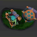 Colorful Mechanical Fantasy Scene With Green Frog Orange Device And Rainbow Colored Bubble On Grass