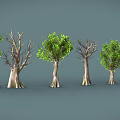 Cartoon Scene With Various Trees Having Green Leaves And Bare Branches