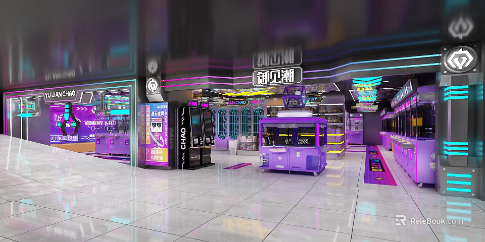 Modern Mall Interior With Purple Neon Lights Vending Machines And Shops Decoration 3d model 