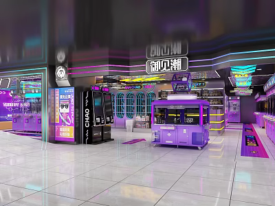 Modern Mall Interior With Purple Neon Lights Vending Machines And Shops Decoration 3d model