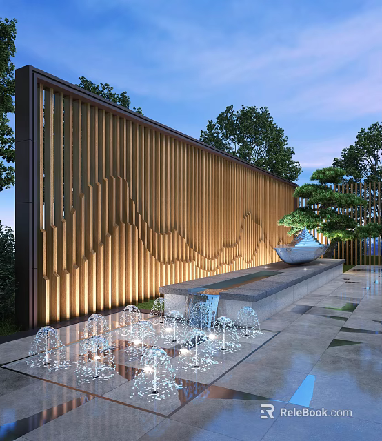 Wooden Feature Wall With Wavy Vertical Slats Warm Lighting Water Fountain and Pine Tree 3d model 