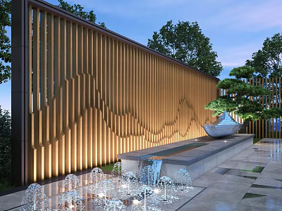 Wooden Feature Wall With Wavy Vertical Slats Warm Lighting Water Fountain and Pine Tree 3d model
