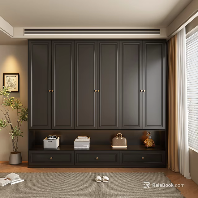 Modern Dark Wardrobe Interior With Cabinet Doors Drawers And Decorative Storage 3d model 