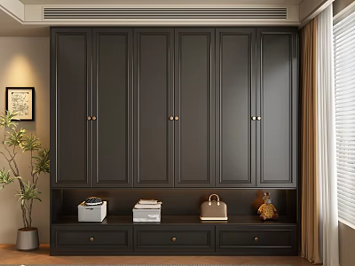 Modern Dark Wardrobe Interior With Cabinet Doors Drawers And Decorative Storage 3d model