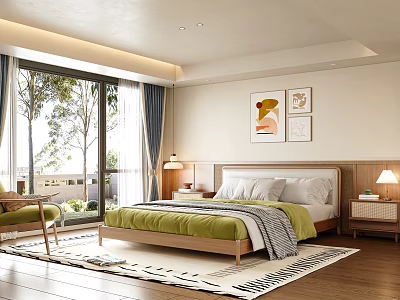 Bedroom Interior Design With Large Window Wooden Floor Green Quilt White Pillows And Wall Art 3d model