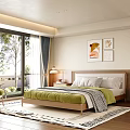 Bedroom Interior Design With Large Window Wooden Floor Green Quilt White Pillows And Wall Art