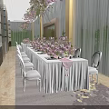 Elegant Banquet Hall Decoration With Long Dining Table White Chairs And Pink Floral Arrangements