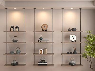 Minimalist Wall Mounted Shelving Unit With Teapots Ceramic Jars Books And Plant 3d model