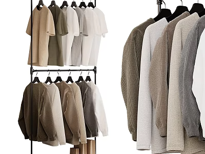 Clothing Hangers On Stand Display Various Neutral Toned Sweaters And Tops 3d model