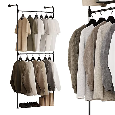 Clothing Hangers On Stand Display Various Neutral Toned Sweaters And Tops 3d model