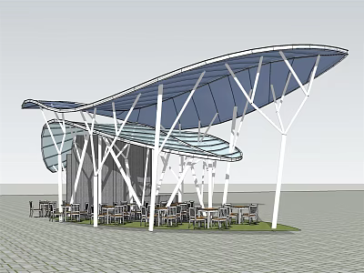 Modern Landscape Pavilion With Blue Transparent Roof White Supporting Structure And Outdoor Seating Area 3d model